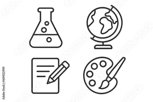 Education and science linear icons set. School subjects outline collection. Chemistry flask, geography globe, writing lesson, and art palette with brush. Learning concept symbols.