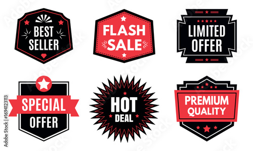 Flash sale badges vector set, discount promo labels, shopping offer stickers, ecommerce marketing tags and icons