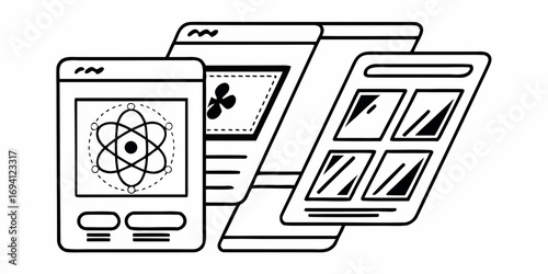 Three application windows displaying different content in a simple black and white line drawing style