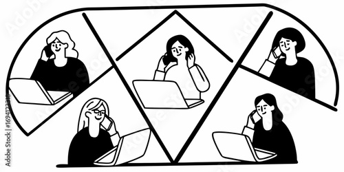 Five women on phones working on laptops in a geometric frame in black and white line art style