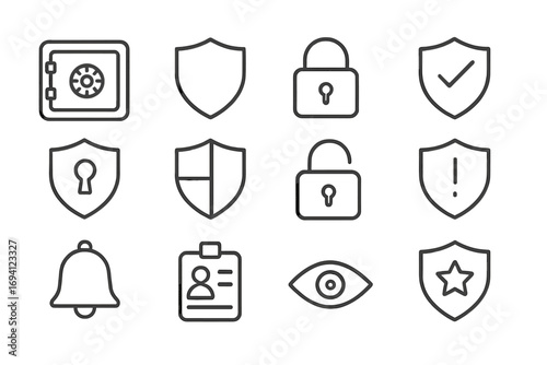 Security and protection line icon set. Safe, shield, lock icons. Outline collection. Vector illustration. Cybersecurity, safety, privacy, data protection, access control concepts.