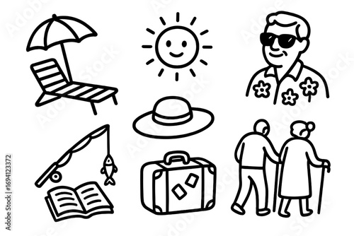 Retirement lifestyle icon set vector illustration. Senior couple on vacation. Doodles of travel, fishing, beach relaxation and freedom. Elderly life cartoon symbols.