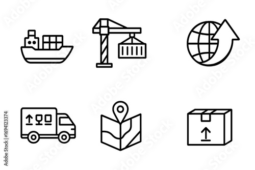 Shipping and logistics line icon set. Cargo freight transport, maritime container ship, port crane, worldwide delivery truck, map navigation and parcel box vector symbols.