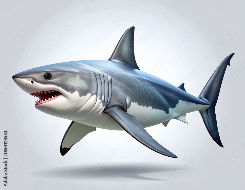 Fototapeta premium Powerful Great White Shark Isolated White Background