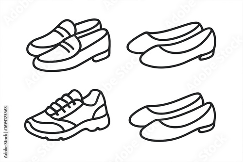Shoe styles icon set. Loafers, flats, sneakers vector icons. Footwear fashion collection. Line art illustration of shoes for men and women. Outline symbol collection design.