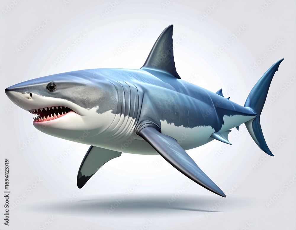 Fototapeta premium Powerful Great White Shark Isolated on White Background