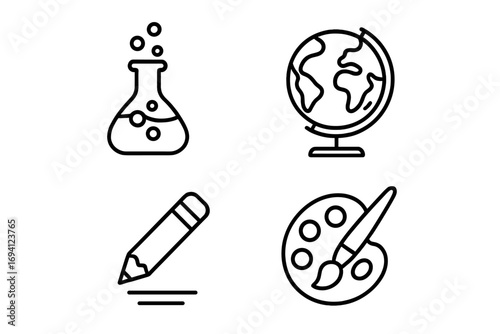 School subjects vector icon set. Outline collection for education with chemistry flask, geography globe, writing pencil, and art palette. Learning and knowledge symbols.