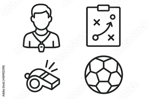 Soccer coaching and sports training outline icon set. Football manager with whistle, game strategy on clipboard, and ball. Vector linear symbols for tactics and athletic mentorship.