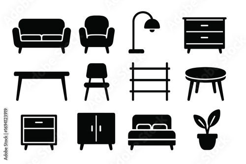 Modern furniture icon set for interior design. Black silhouette vector collection for home decor. Includes sofa, armchair, bed, table, lamp, shelf, and cabinet glyphs.