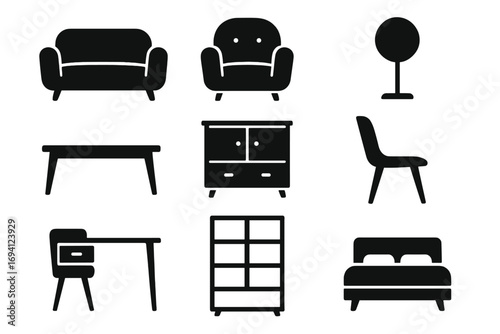 Modern furniture icon set. Black silhouette collection for home decor and interior design. Vector illustration includes sofa, armchair, bed, table, chair, lamp, and desk.