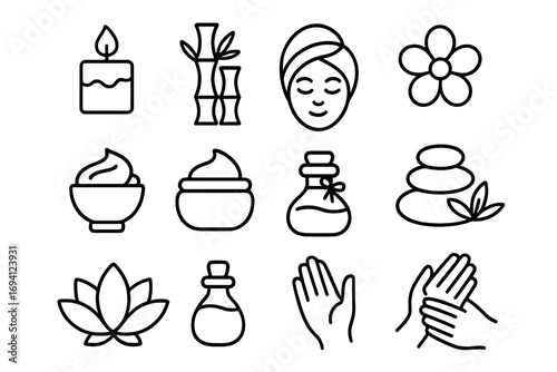 Spa essentials line icon set for relaxation, wellness and massage. Beauty treatment and aromatherapy symbols. Vector pictogram collection for skincare, zen meditation and calm.