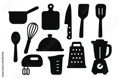 Kitchen utensil icon set silhouette. Cooking equipment collection. Vector graphic of culinary tools for food preparation. Black isolated symbols. Pot, knife, whisk, mixer, blender, grater.
