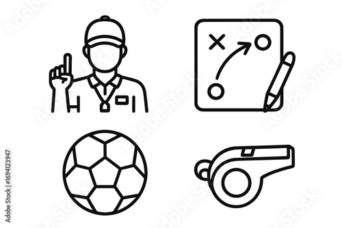 Sports coaching outline icon set. Football trainer, soccer strategy board, whistle, and ball icons. Linear vector symbols for athletic training, tactics, and game plan.