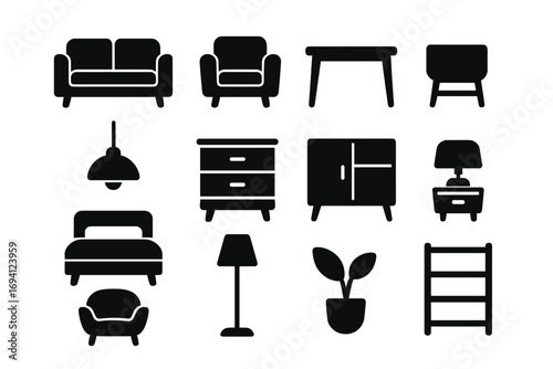 Modern furniture icon set. Black silhouette collection for interior design. Home decor elements. Vector minimalist illustration of sofa, chair, table, bed, lamp glyphs.