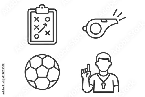 Sports coaching & training outline icon set. Includes soccer ball, coach, whistle & tactics clipboard. Linear vector symbols for football strategy, game plan & management.