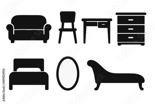 Furniture silhouette icon set. Vector collection of home decor elements. Sofa, chair, desk, dresser, bed, mirror, chaise lounge. Black graphic symbols for interior design.
