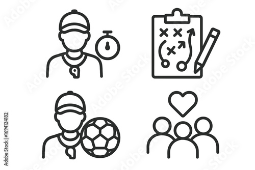Sports coaching linear icon set. Vector outline symbols for football trainer, game strategy, teamwork, and practice. Coach with soccer ball, tactical clipboard and stopwatch.