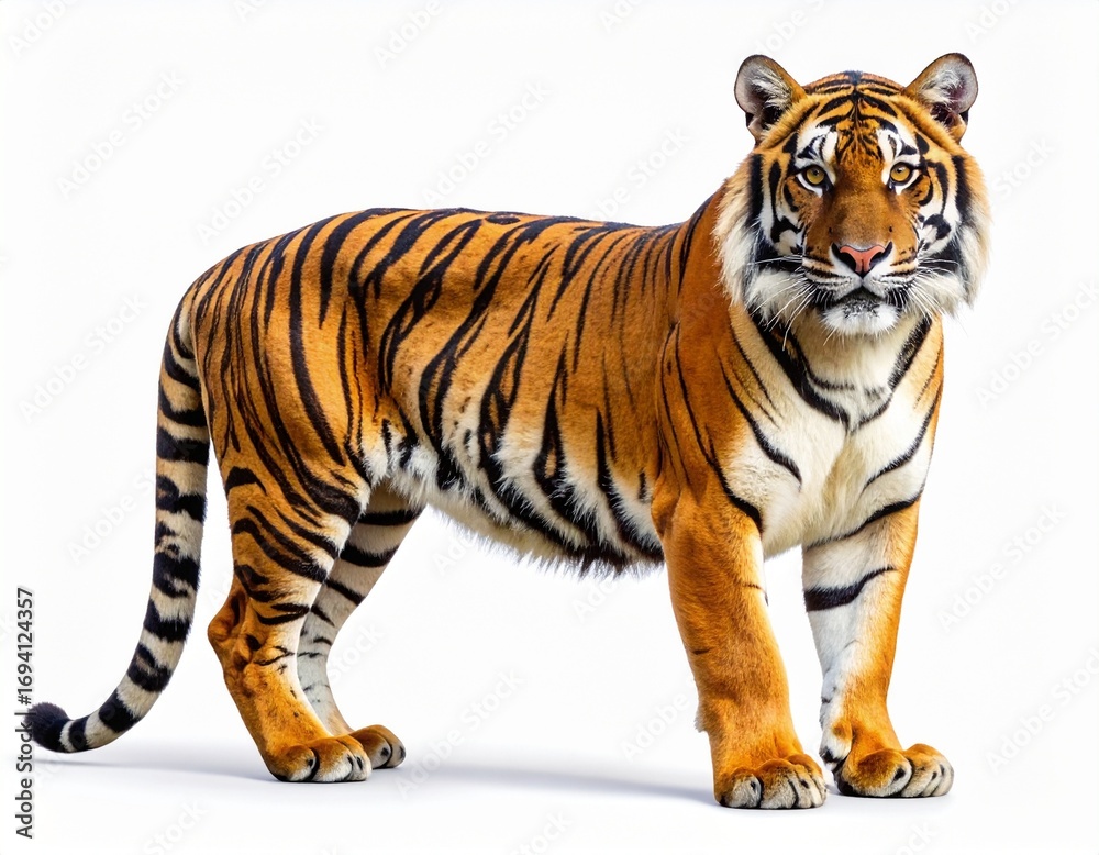 Obraz premium Majestic Bengal Tiger Standing White Background