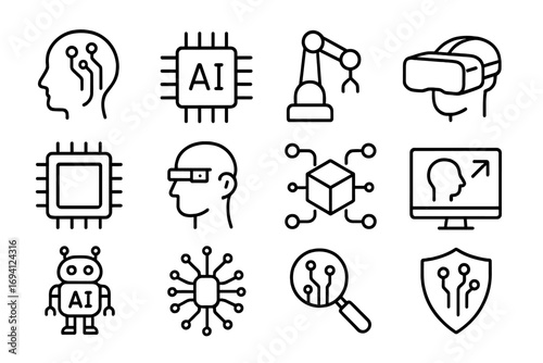 AI and robotics linear icon set. Artificial intelligence, machine learning, and augmented reality outline icons. Technology, innovation, VR, and cybersecurity vector symbols.