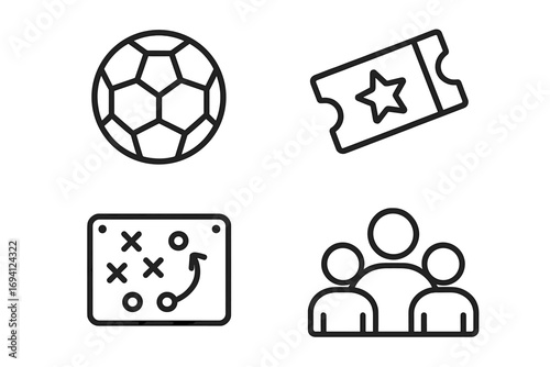 Sports event linear icon set. Soccer ball, game ticket, team strategy board, and group of players icons. Football match concept symbols in thin line style. Vector illustration.
