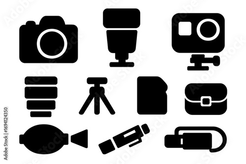 Vector icon set of photography and videography gear. Black silhouette icons of digital camera, flash, tripod, action cam, memory card, cleaning tools and other accessories.