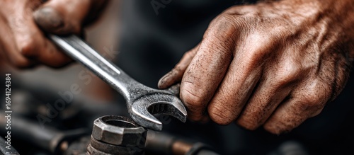 Close-Up of Hands Using Wrench on Engine for Mechanical Repair