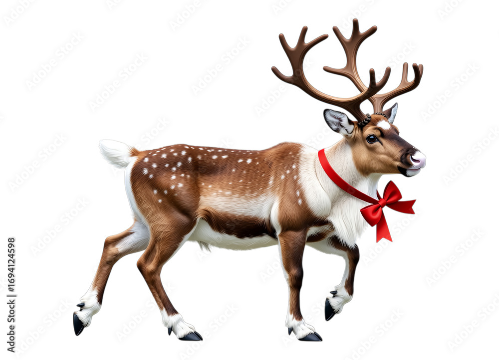 Obraz premium Brown and White Reindeer with Red Bow, Transparent Background, 3D Realism Cutout