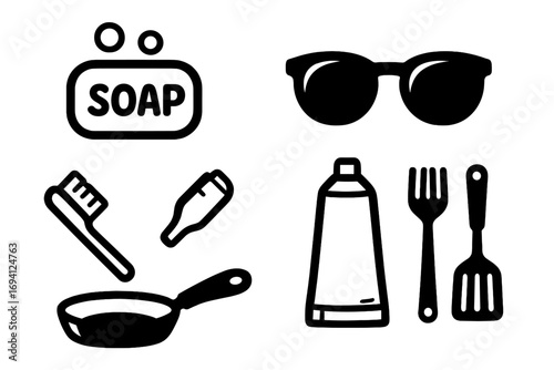 Vector icon set of everyday objects. Simple black glyphs for household items. Hygiene, personal care, cooking concepts. Soap, toothbrush, sunglasses, kitchen tools, pan, fork.