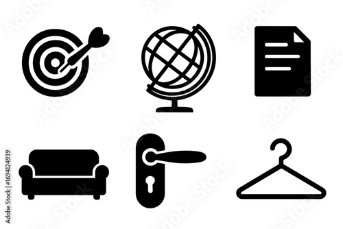 Simple black silhouette icon collection. Vector symbols for business, home, and travel. Dartboard target, world globe, document, sofa, door handle, and clothes hanger.