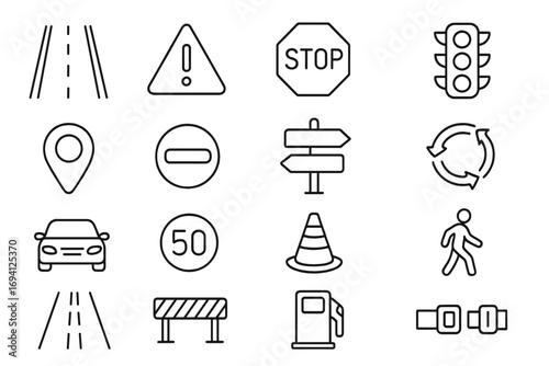Traffic safety linear icon set. Road signage and car navigation icons collection. Vector symbols for driving, speed limit, stop sign, traffic light, and pedestrian safety.