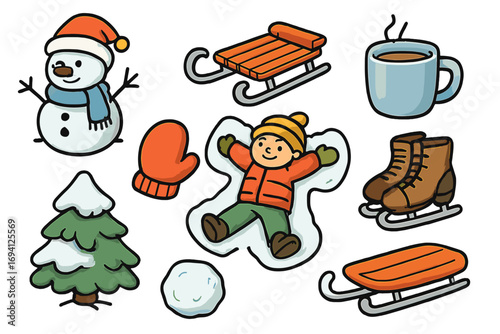 Winter fun icon set. Cute cartoon doodle collection for a snow day. Includes snowman, sled, snow angel, ice skates, and hot chocolate. Vector holiday graphic elements.