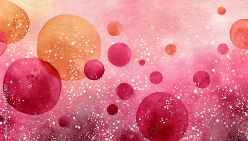 Watercolor painting featuring pink and orange circles with sparkling white dots scattered throughout the image