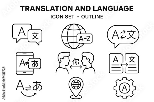 Translation language line icon set. Multilingual communication. Global dictionary. International conversation. Translator app pictogram. Vector outline symbol collection.