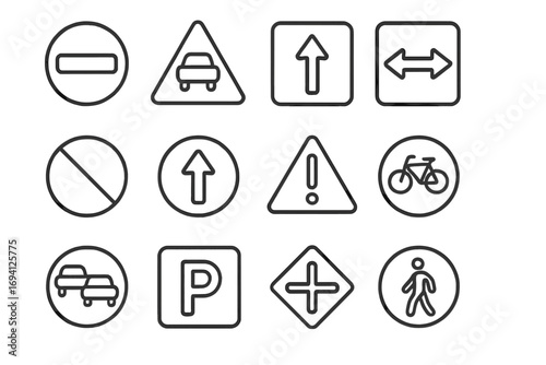 Traffic signs outline icon set. Road safety and navigation symbol collection. Clean line art vector illustration for transport, driving, and street regulation guidance.