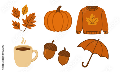 Autumn essentials: cozy sweater, pumpkin, leaves, coffee, and acorns
