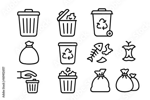 Trash and recycling line icon set for waste management. Garbage disposal, bin, refuse sack and food waste outline collection. Vector illustration for ecology and environment.