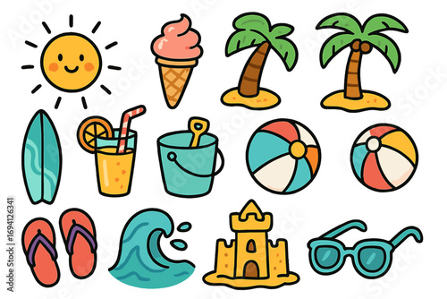 Summer fun beach icon set. Cute cartoon doodle collection. Sun, palm tree, ice cream, surfboard, sandcastle, wave, sunglasses. Vector holiday vacation travel elements clipart.