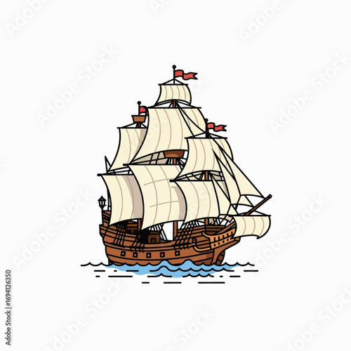 An Old Sailing Ship with Full Sails Navigating the Ocean Waves