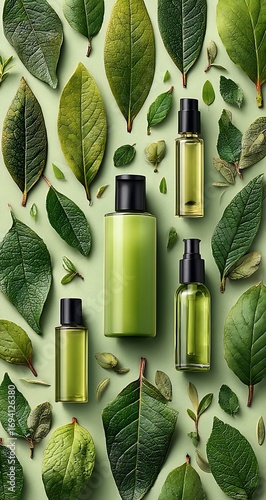 Overhead shot of green cosmetic bottles surrounded by various green leaves on a light green background