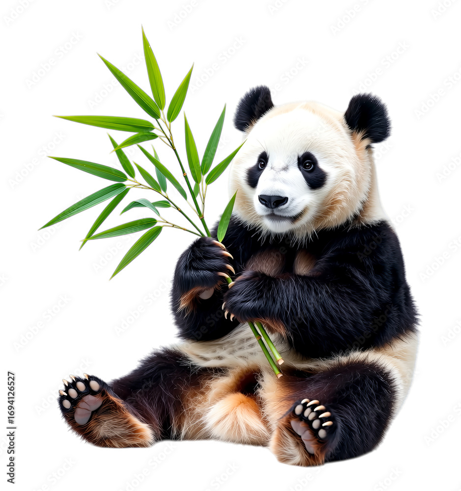 Fototapeta premium Giant Panda Holding Bamboo Leaves, 3D Realism Illustration with Transparent Background