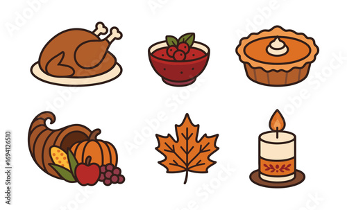 Thanksgiving harvest icons featuring turkey, pumpkin pie, and seasonal elements