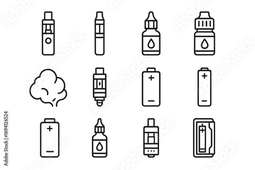 Vaping line icon set. E-cigarette and vape essentials. Vector outline collection with mod, pod, liquid bottle, battery, atomizer. Electronic cigarette pictogram symbols.
