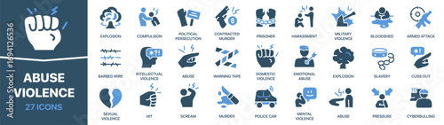 Abuse and violence icon collection. The set covers harassment, domestic violence, political persecution, and cyberbullying