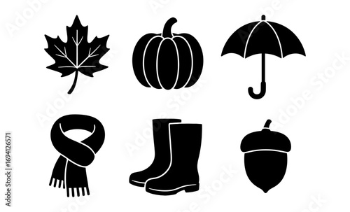 Autumn silhouette icons: pumpkin, maple leaf, umbrella, scarf, boots, acorn