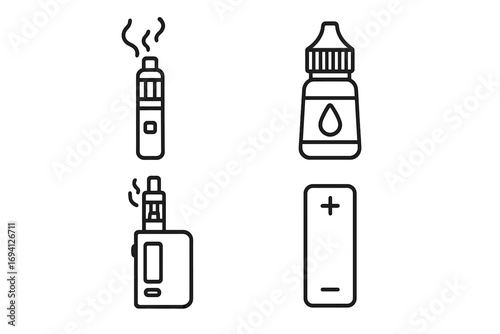 Vaping and e-cigarette line icon set. Vape pen, mod, e-liquid bottle, and battery essentials. Vector outline symbols for electronic cigarette products and accessories.