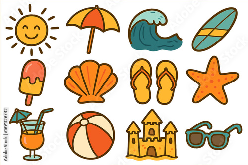 Summer beach icon set. Fun vacation doodles. Cartoon vector illustration collection. Sun, wave, sandcastle, surfboard, ice cream, shell, cocktail, sunglasses, flip flops.
