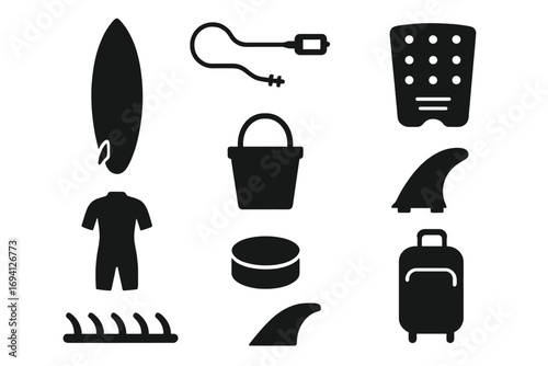 Surfing equipment icon set in silhouette style. Vector illustration of surfboard, leash, fins, wax, wetsuit and bag. Water sport gear for surf travel. Beach lifestyle graphic.