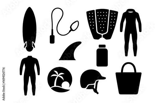 Surfing equipment icon set. Vector glyph collection of surf gear: board, leash, traction pad, fin, wetsuit, wax, helmet. Summer water sport & beach lifestyle silhouette.