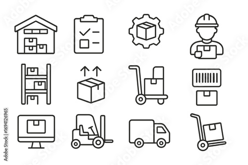 Logistics and warehouse line icon set. Delivery, supply chain, and inventory management symbols. Icons for shipping, order fulfillment, cargo, freight, and distribution.