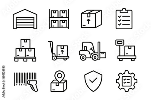 Warehouse logistics line icon set. Supply chain management, inventory, and distribution signs. Storage, shipping, delivery, and tracking vector symbols collection.